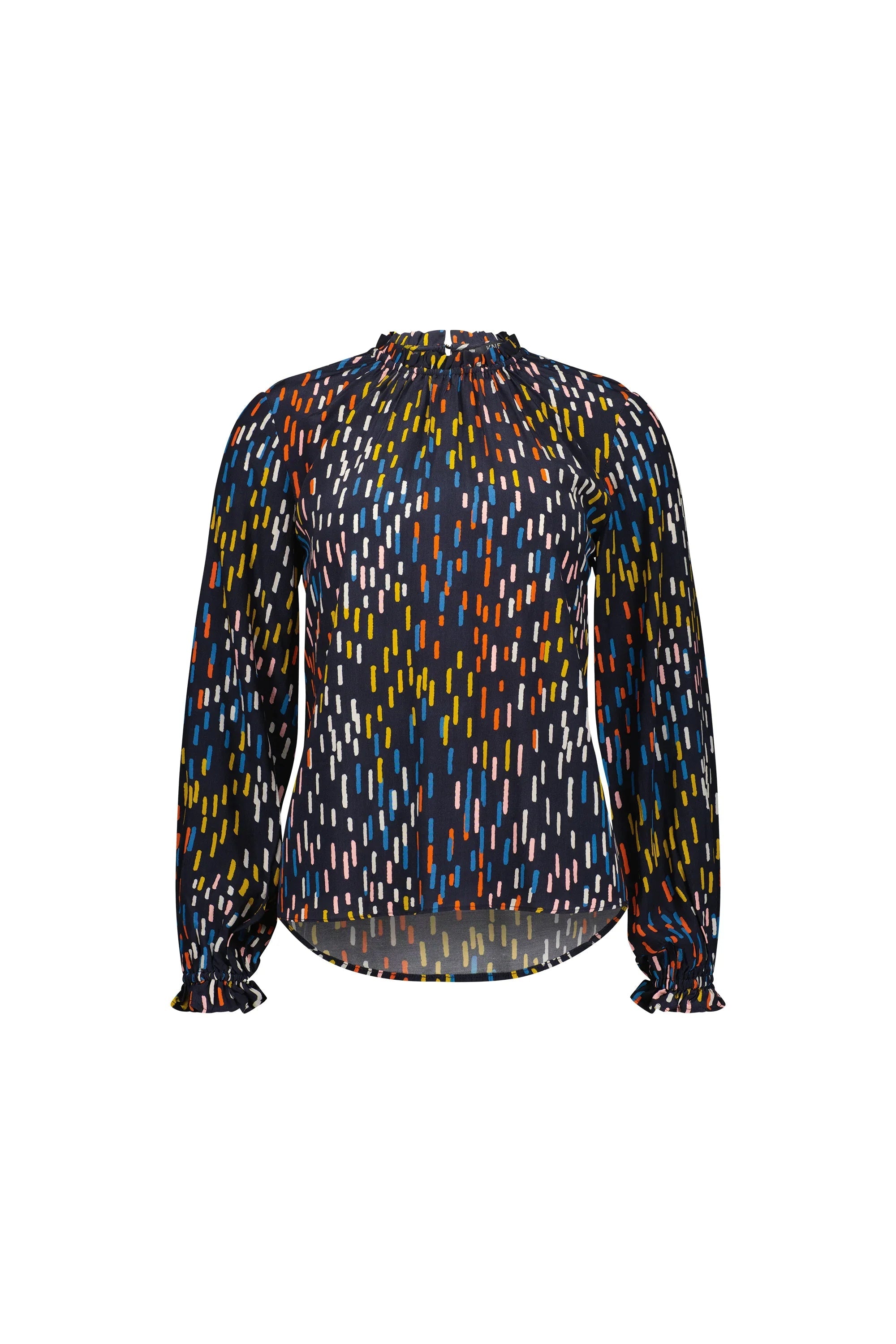 Long sleeve blouse with high neckline, colorful dash print on navy background, gathered cuffs