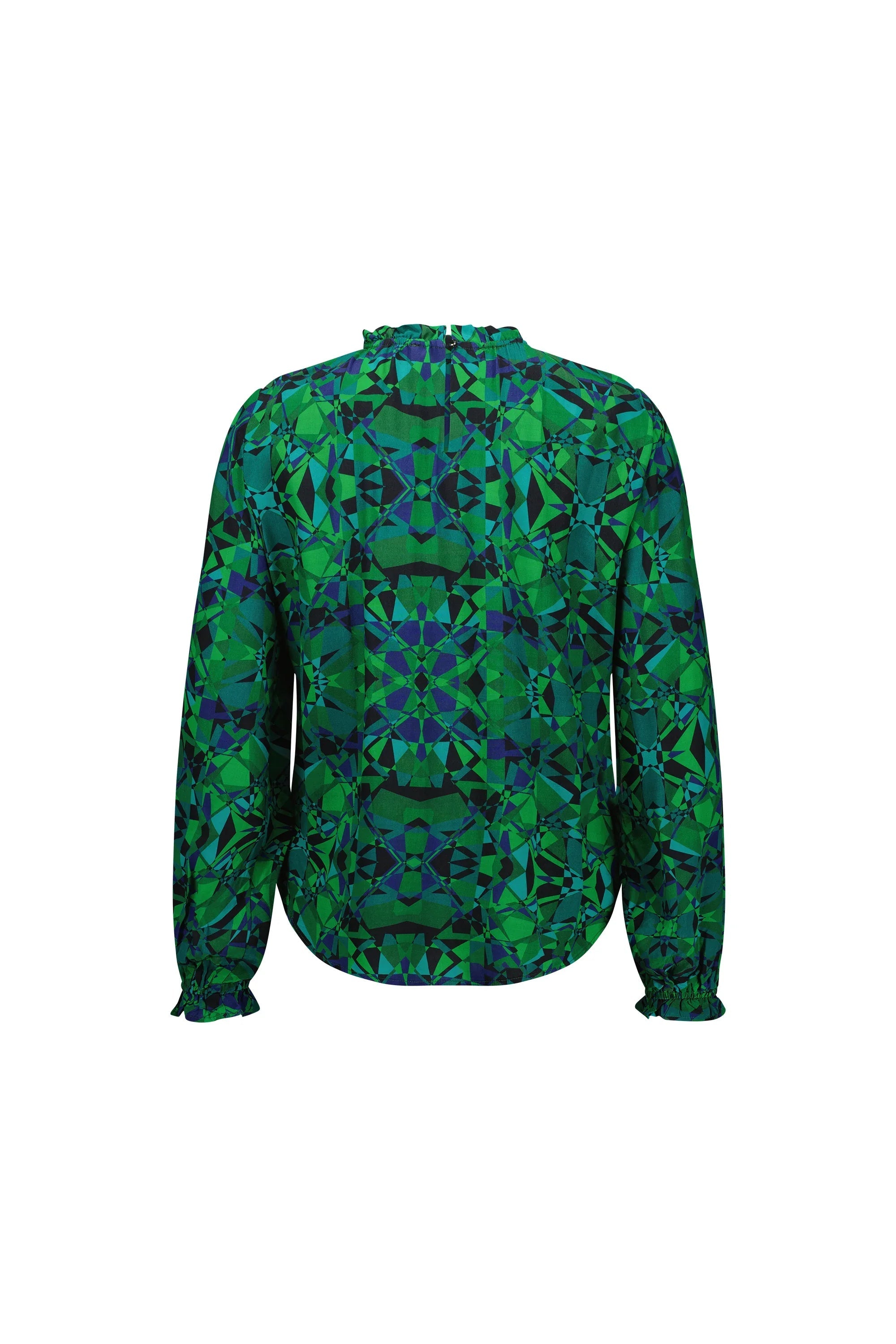 Back view of long sleeve green geometric print blouse with ruffled collar and cuffs