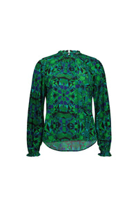 Long sleeve green patterned blouse with geometric print and gathered neckline