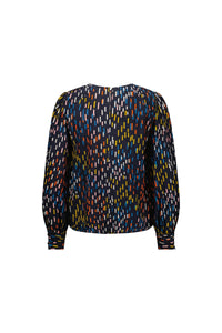 Back view of long sleeve blouse with colorful dash print on dark fabric
