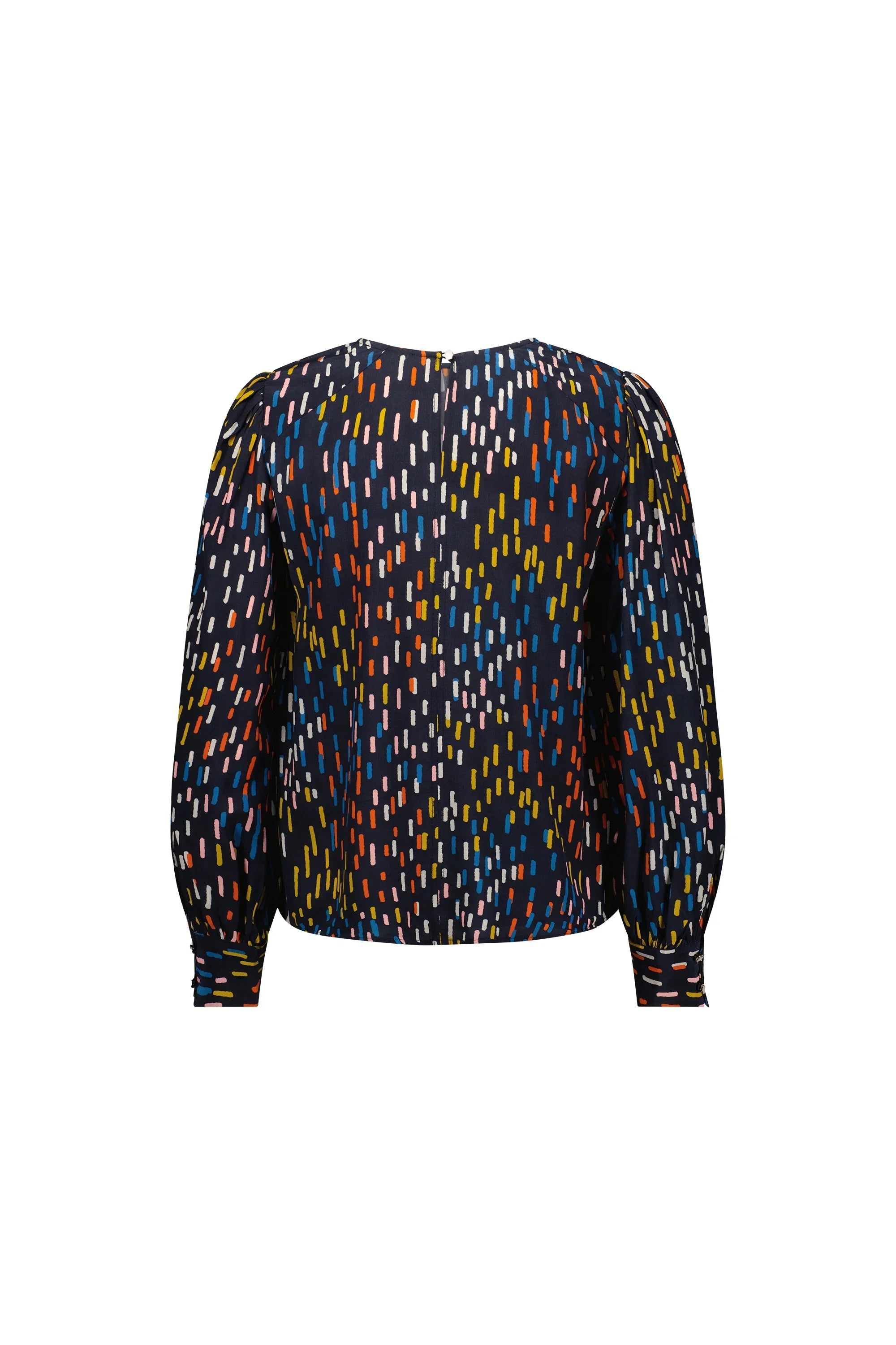 Back view of long sleeve blouse with colorful dash print on dark fabric