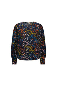 Long sleeve navy blouse with colorful abstract dash print and gathered neckline