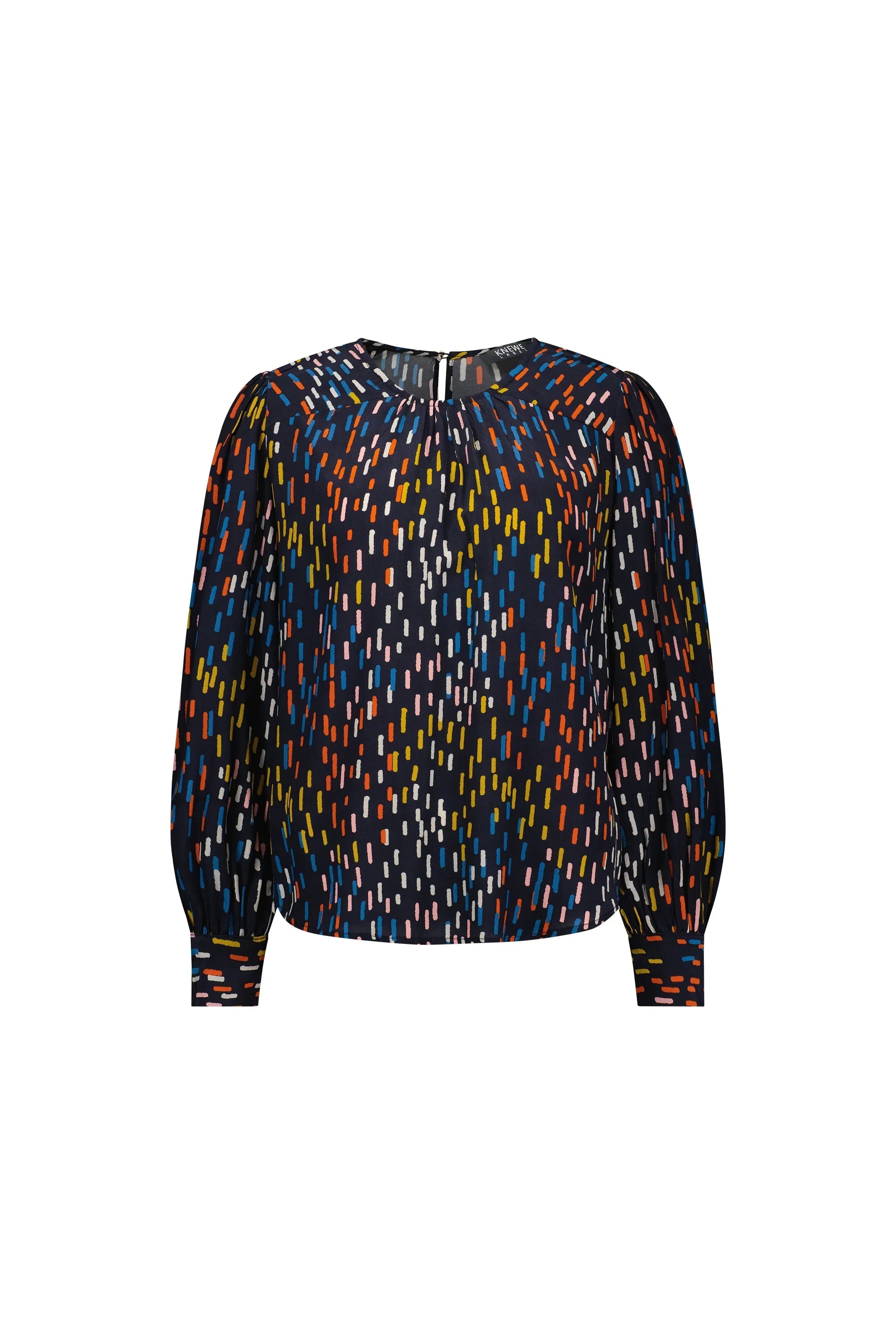 Long sleeve navy blouse with colorful abstract dash print and gathered neckline
