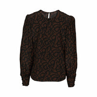 Back view of long sleeve mocha blouse with black abstract pattern and buttoned cuffs