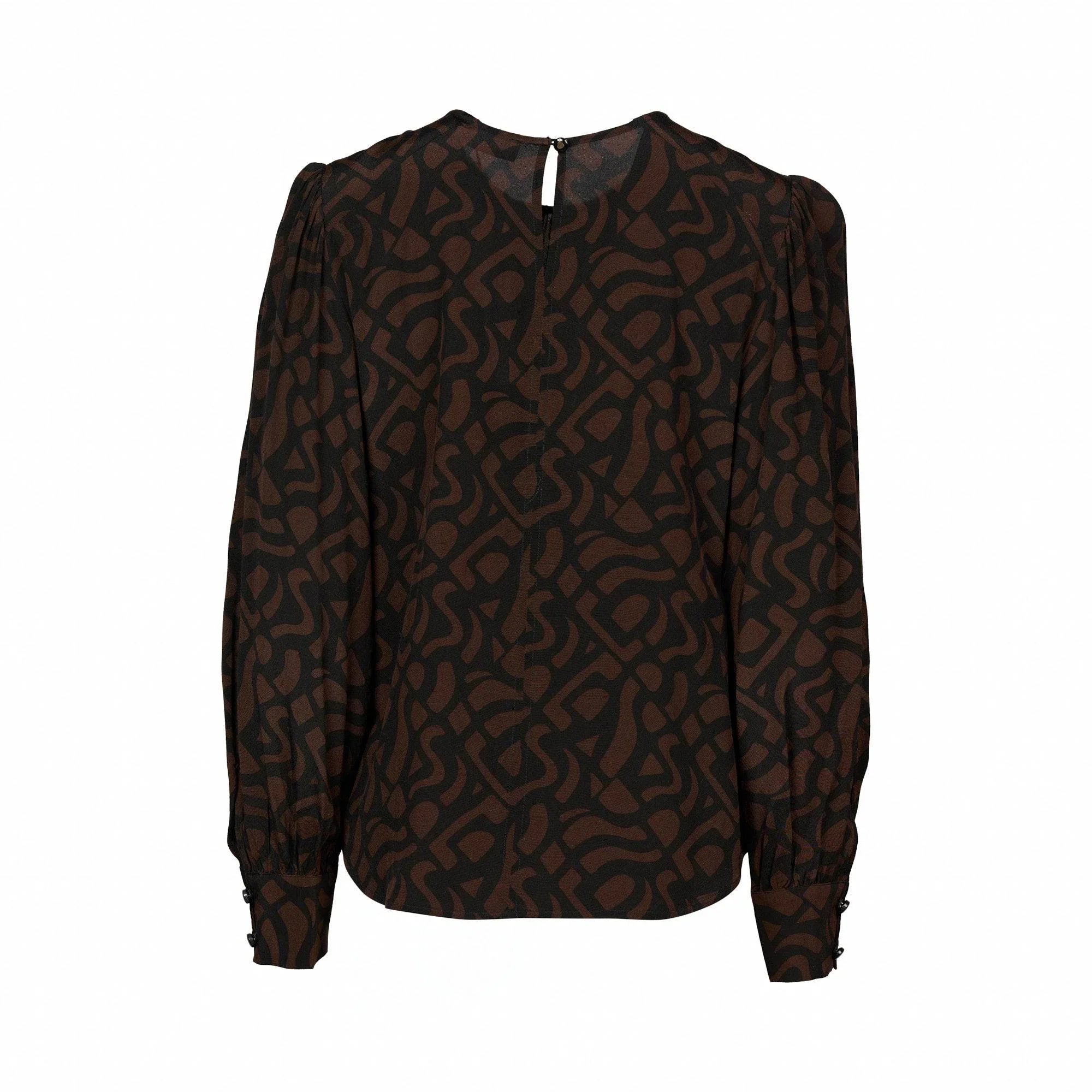 Back view of long sleeve mocha blouse with black abstract pattern and buttoned cuffs
