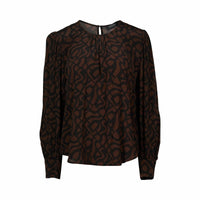 Long sleeve mocha top with abstract black pattern and round neck, front view