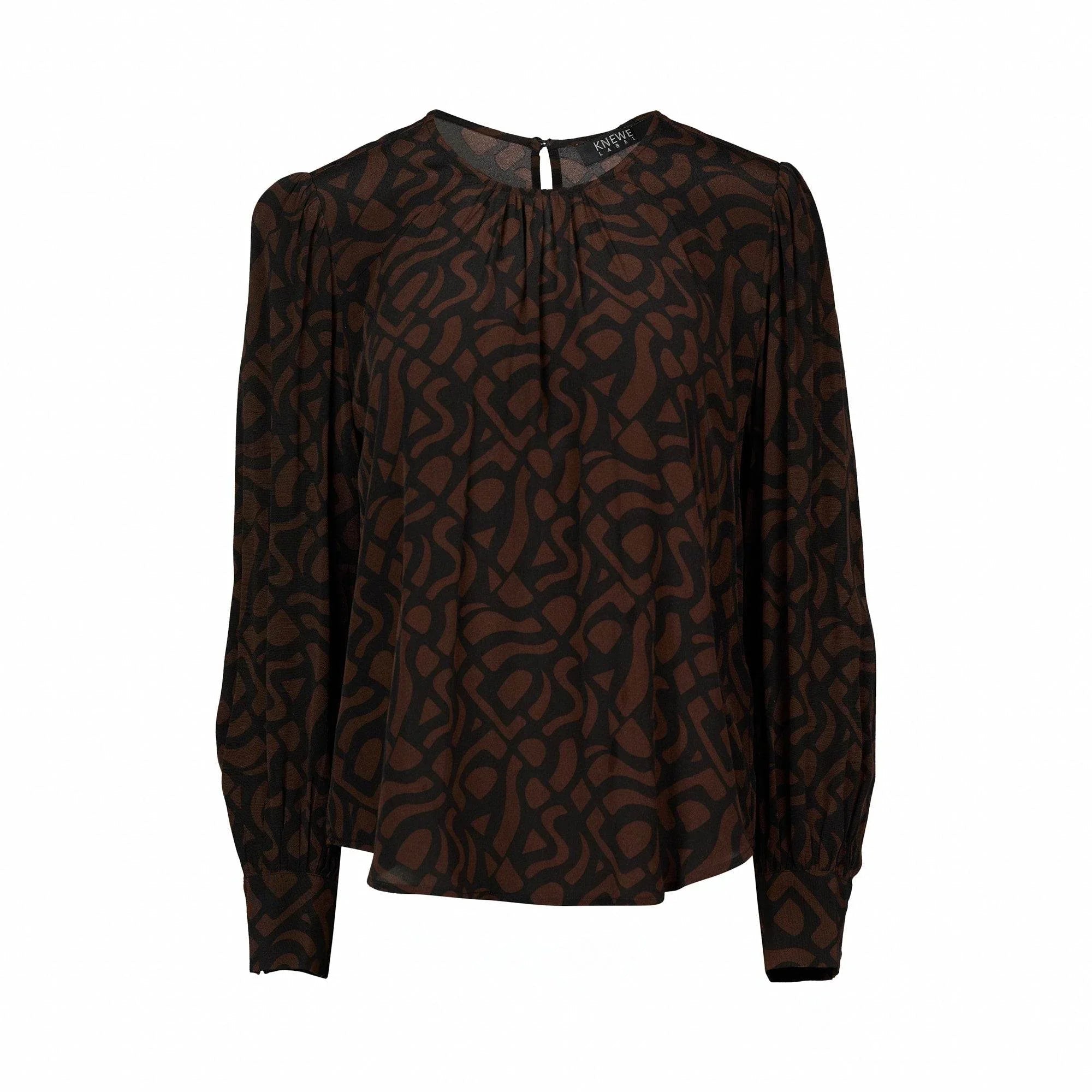 Long sleeve mocha top with abstract black pattern and round neck, front view