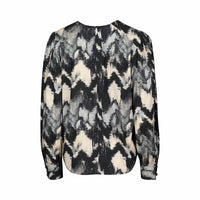 Back view of long sleeve blouse with abstract black, grey, and cream brushstroke print