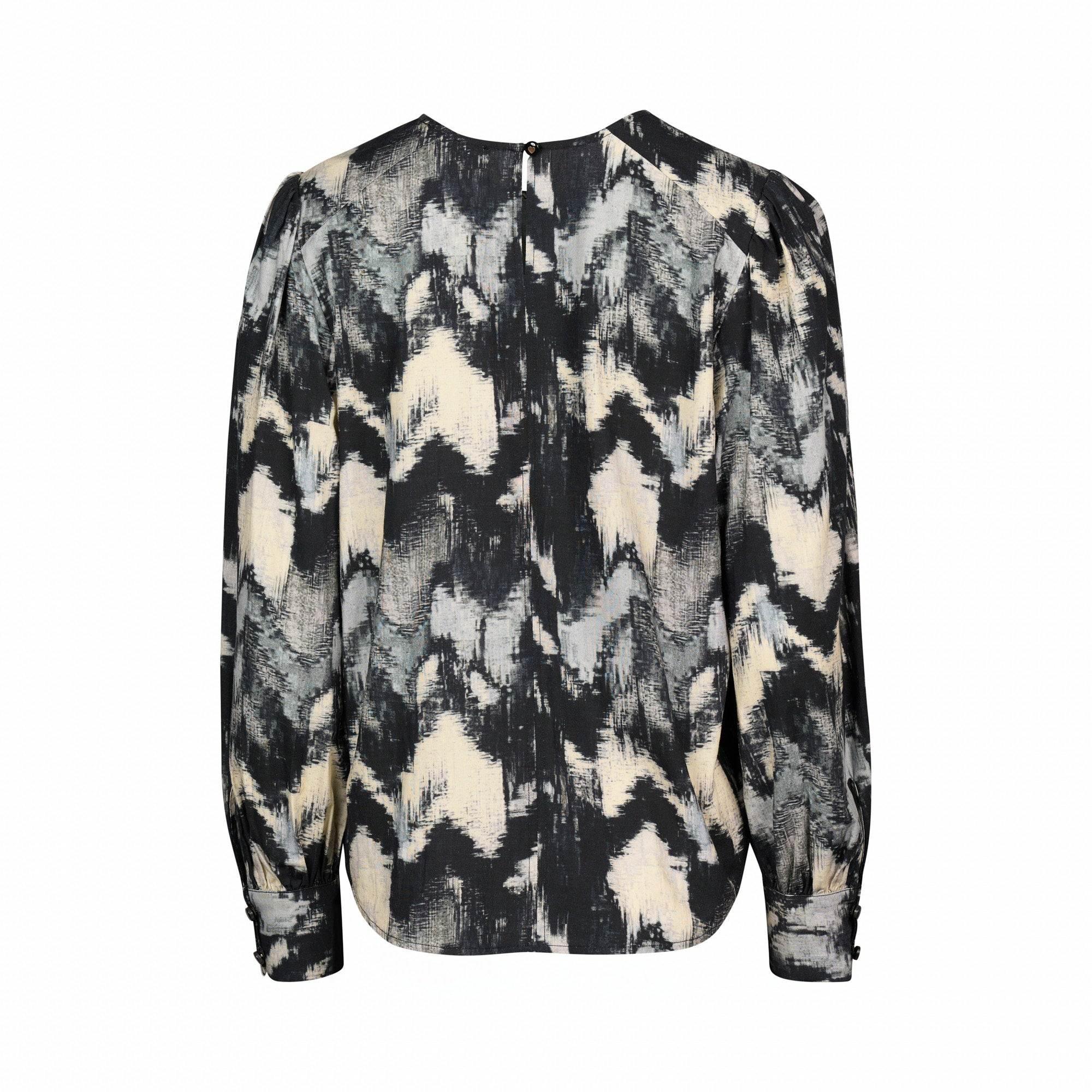 Back view of long sleeve blouse with abstract black, grey, and cream brushstroke print
