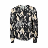 Long sleeve blouse with abstract black, grey, and cream pattern, front view