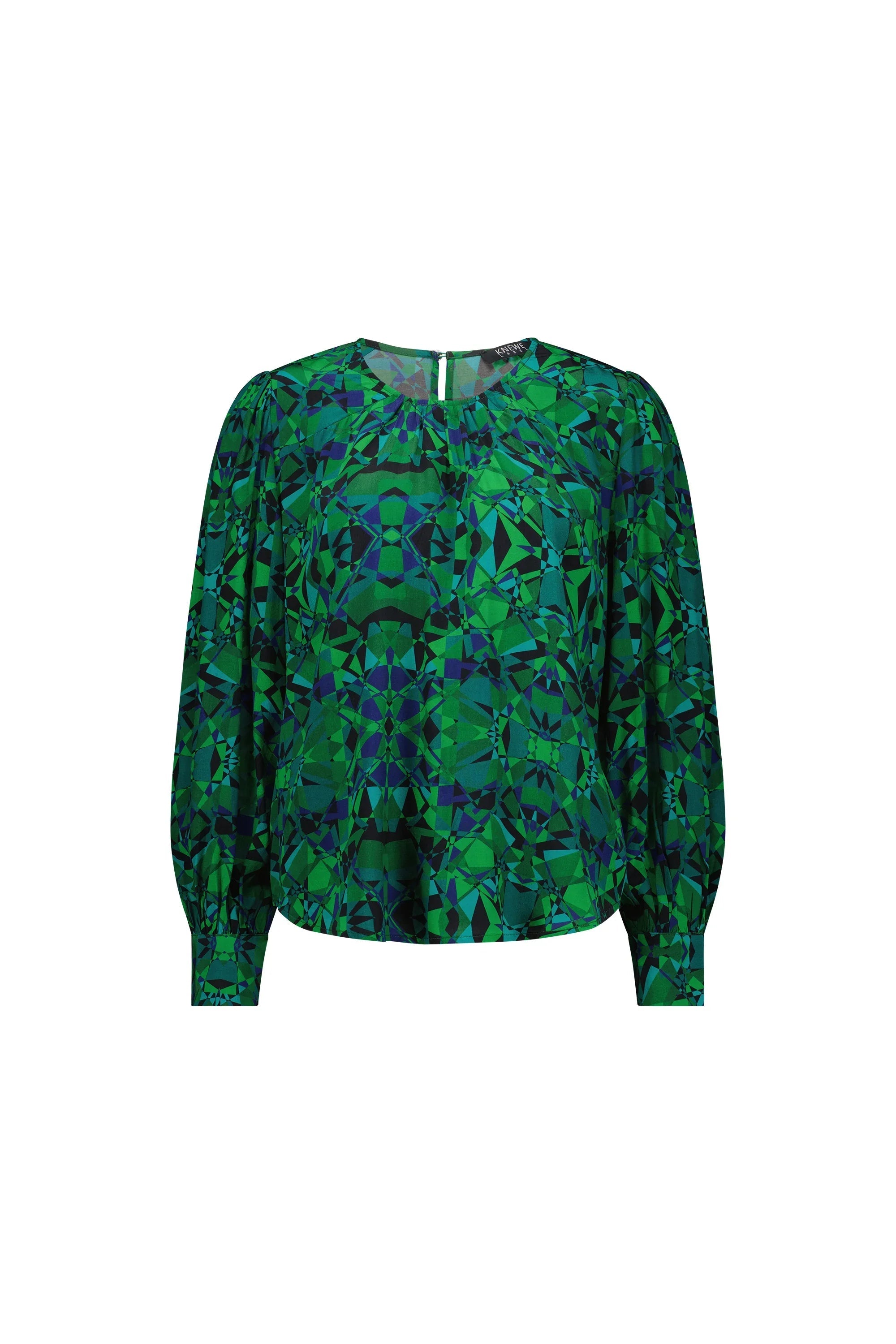 Green geometric print long sleeve blouse with gathered neckline and cuffed sleeves