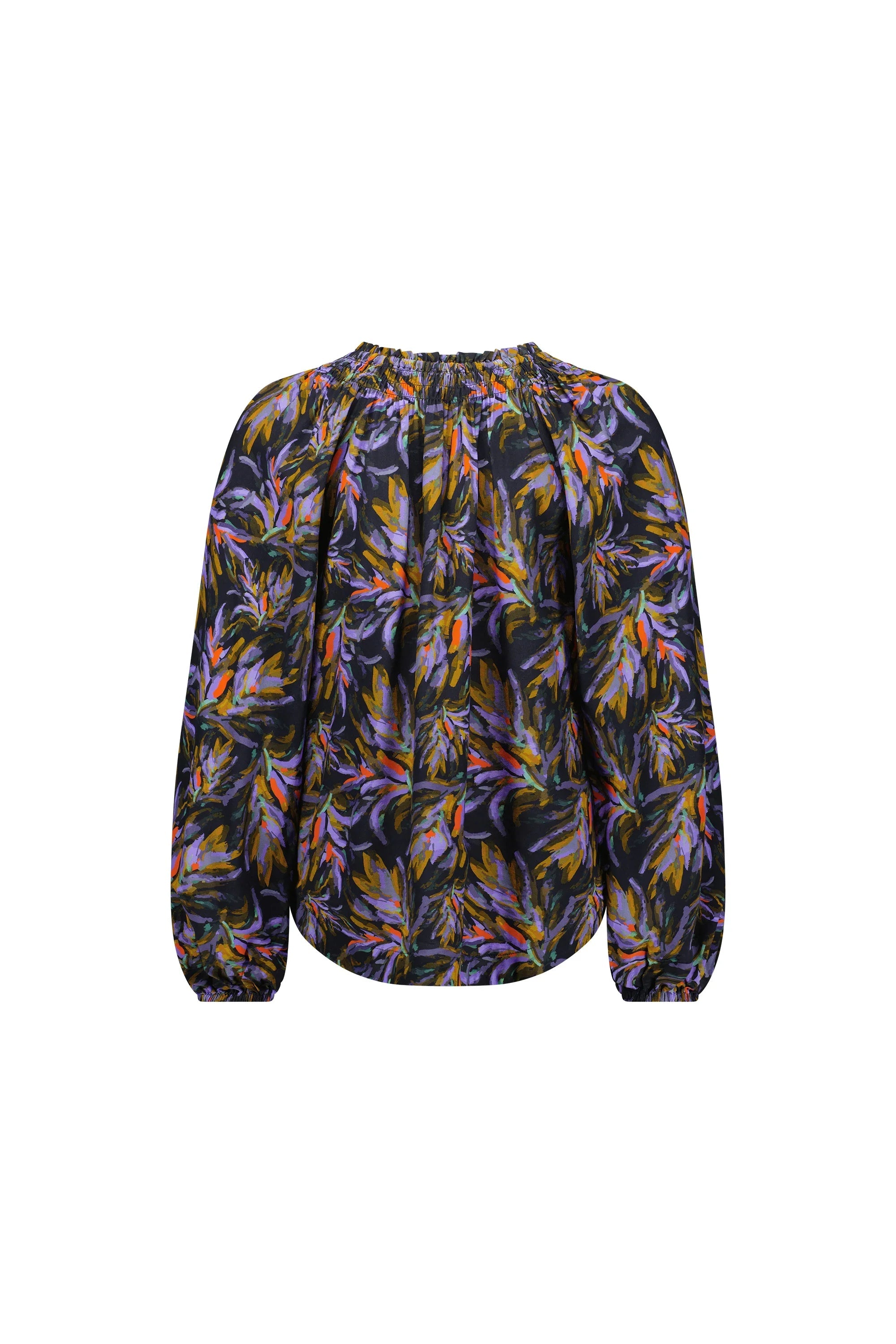 Back view of long sleeve women's blouse with vibrant floral print in purple, orange, and yellow