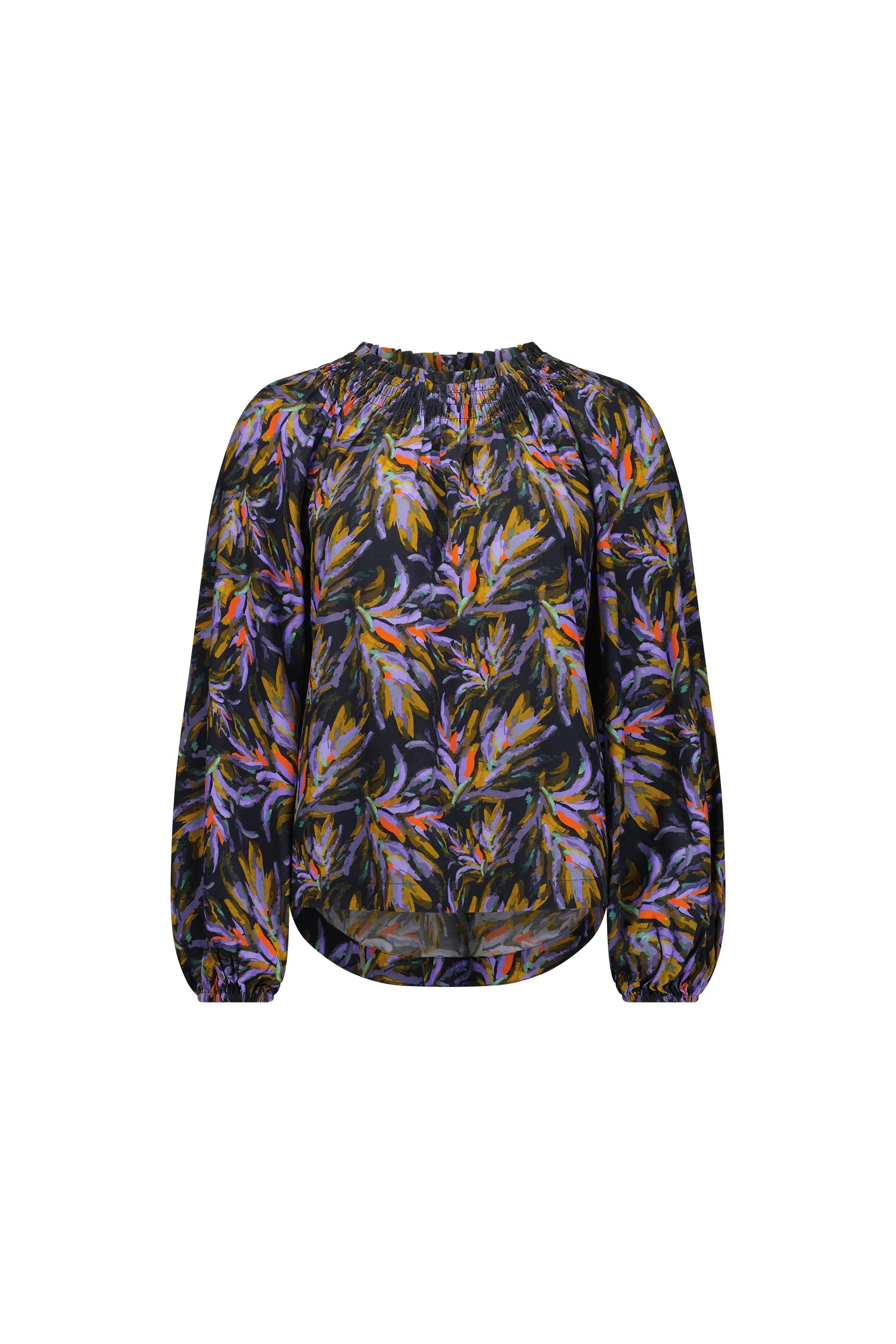 Long sleeve blouse with colorful abstract floral print, gathered neckline, and curved hem.