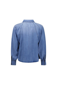 Back view of long sleeve blue denim shirt with collar and buttoned cuffs