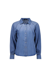 Women’s blue denim button-up shirt with long sleeves and tailored stitching detail