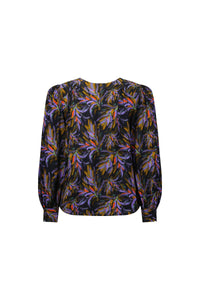 Back view of long sleeve blouse with bold floral print, purple, orange, and green pattern