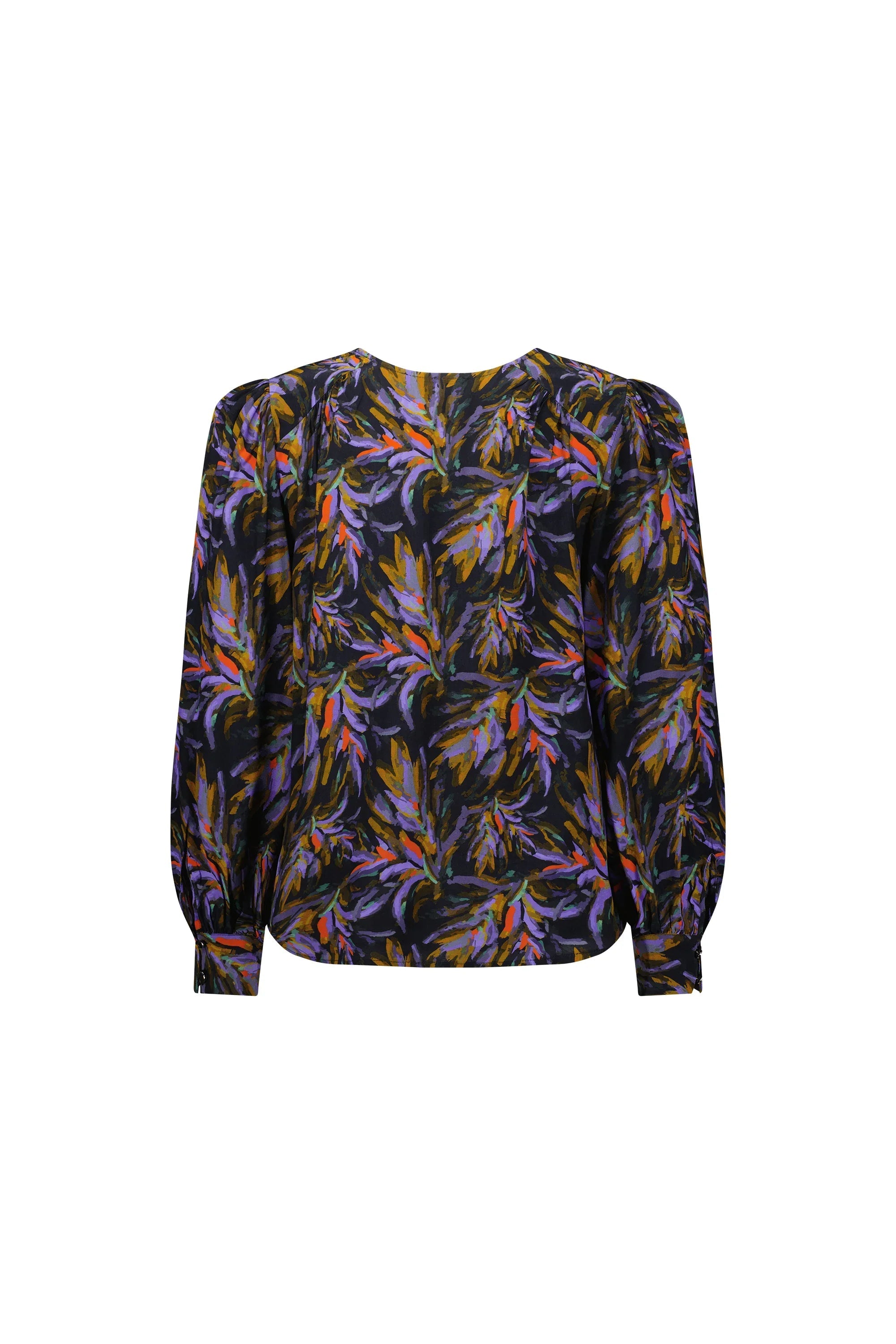 Back view of long sleeve blouse with bold floral print, purple, orange, and green pattern