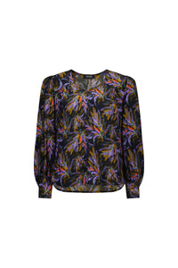 Sheer long sleeve blouse with colorful abstract leaf print on a dark background