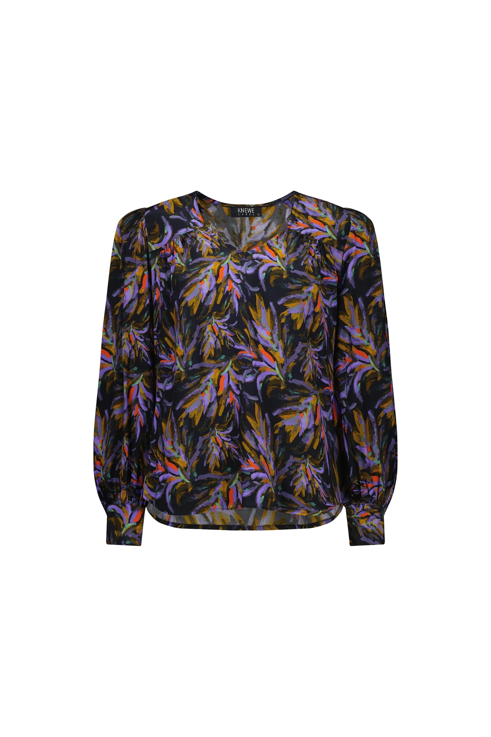 Sheer long sleeve blouse with colorful abstract leaf print on a dark background