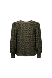 Back view of a long sleeve blouse with green and black geometric diamond pattern