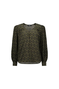 Olive long sleeve blouse with geometric diamond pattern and v-neckline on white background