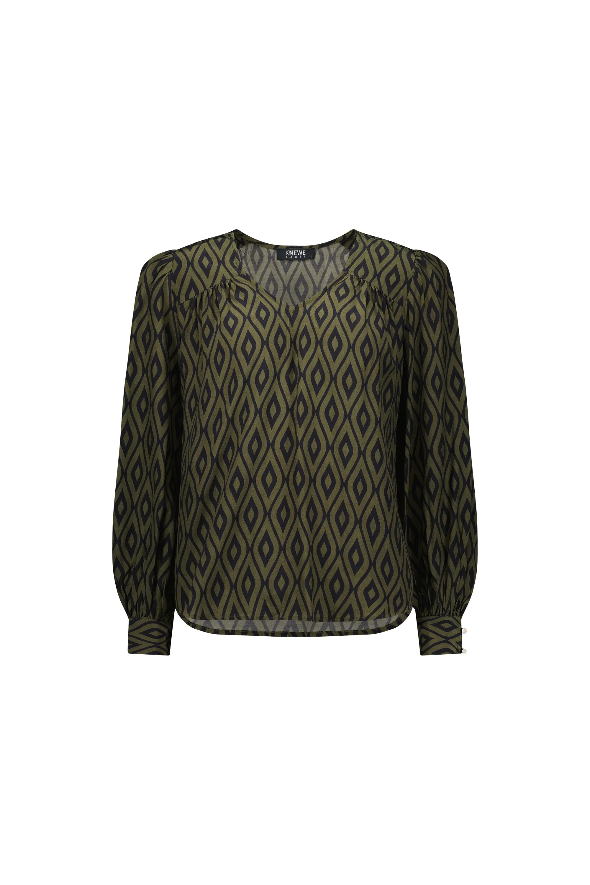 Olive long sleeve blouse with geometric diamond pattern and v-neckline on white background