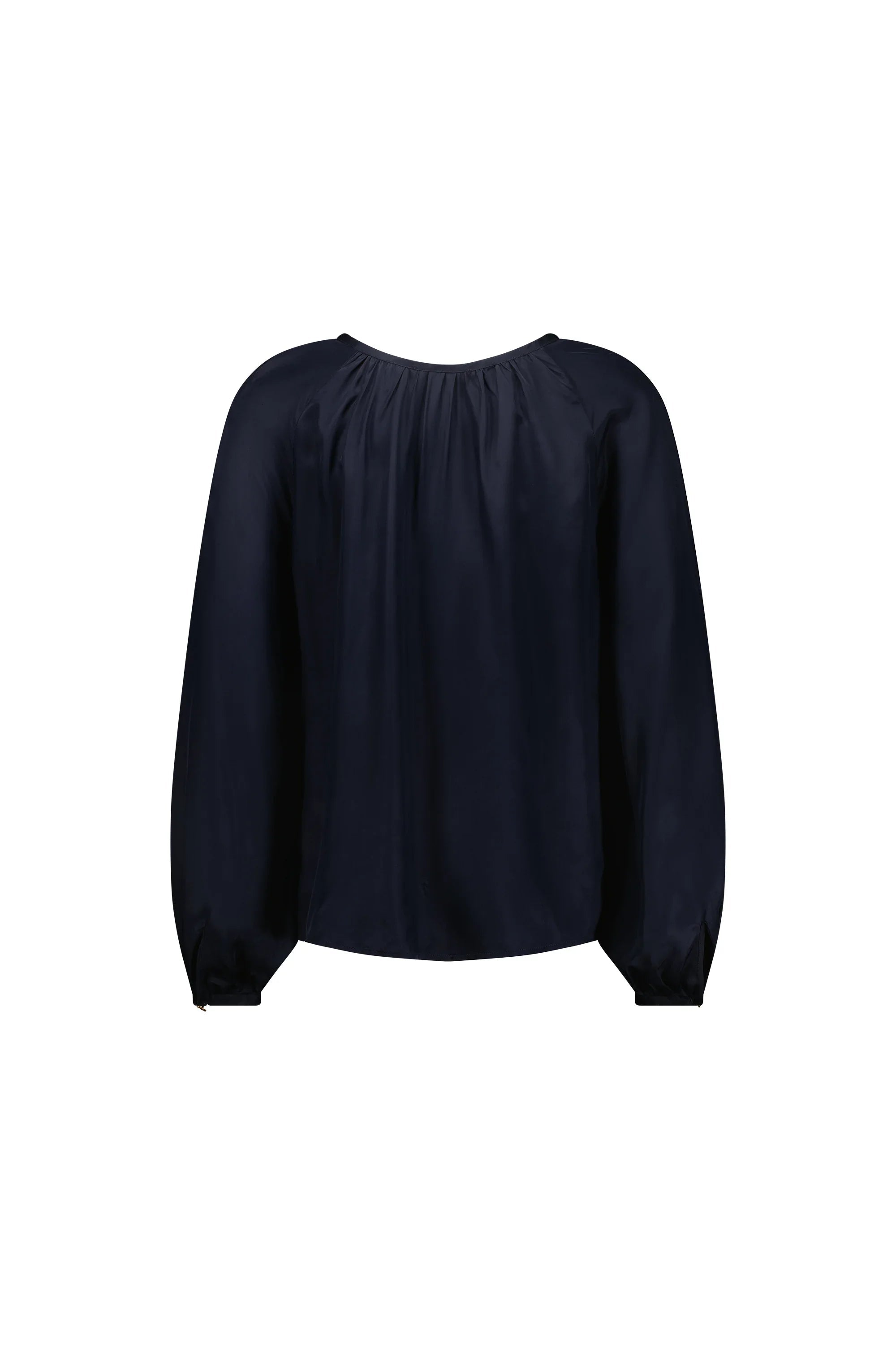 Back view of long sleeve navy blouse with gathered neckline and relaxed fit