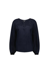 Navy long sleeve blouse with gathered neckline and relaxed fit, women's contemporary top