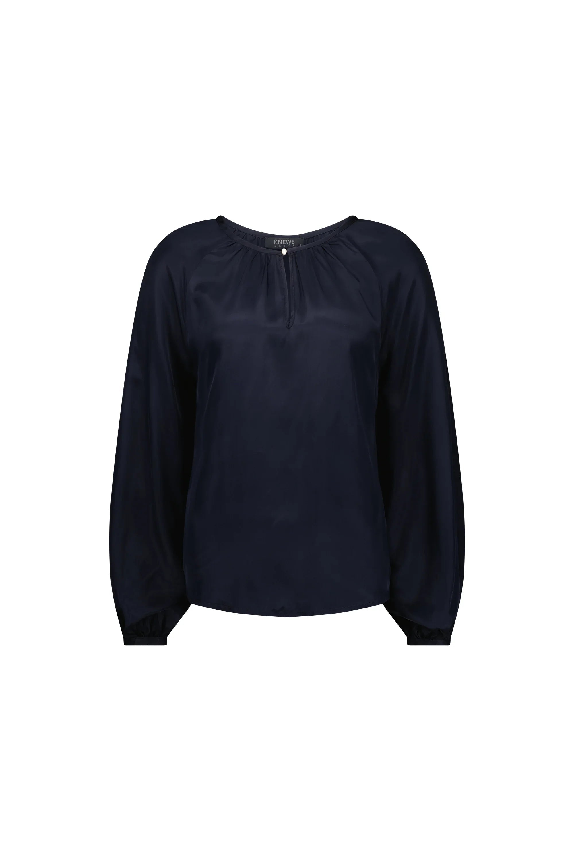 Navy long sleeve blouse with gathered neckline and relaxed fit, women's contemporary top