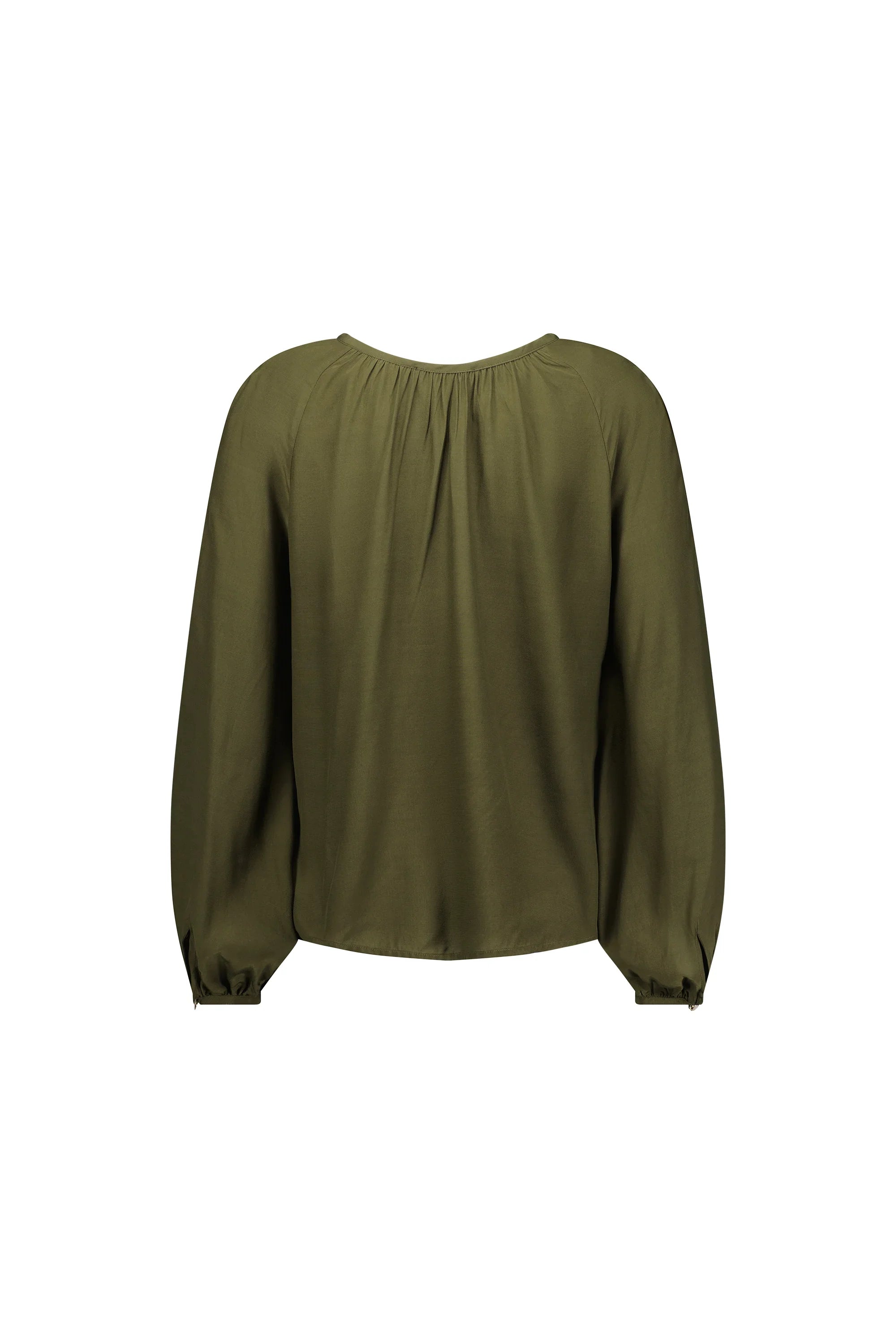 Back view of a khaki long sleeve women's blouse with gathered neckline on white background