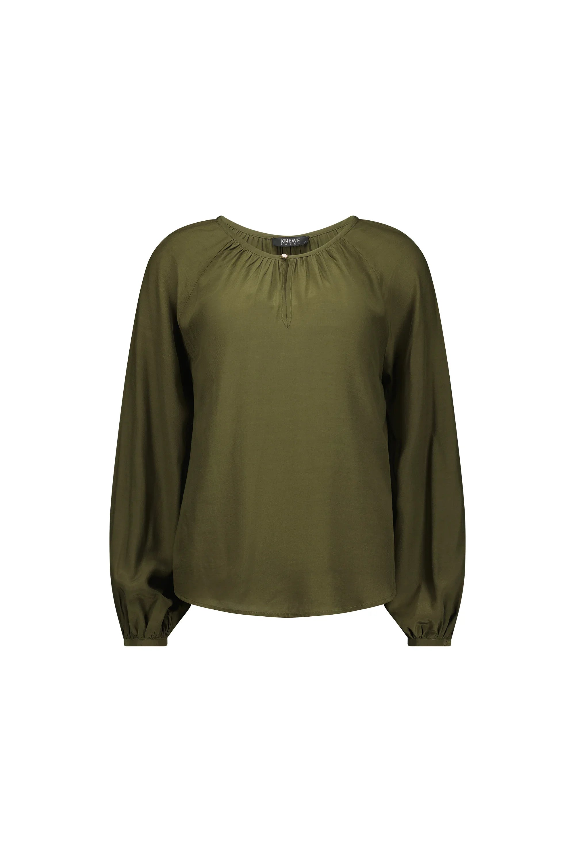 Khaki green long sleeve blouse with gathered round neckline and relaxed fit