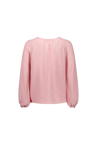 Back view of a long sleeve pink blouse with gathered neckline and relaxed fit.