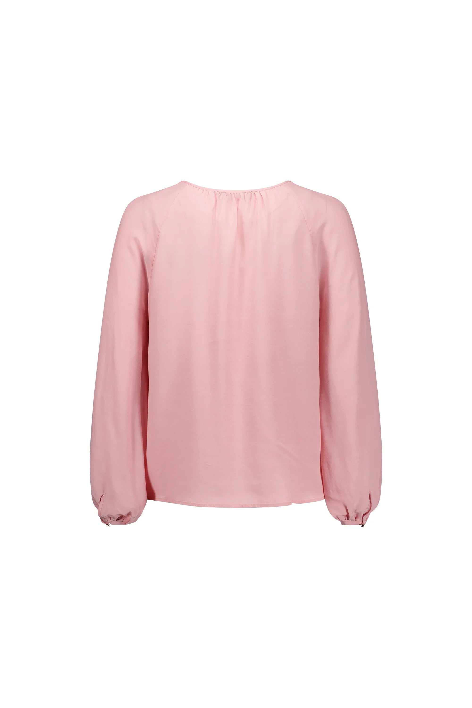 Back view of a long sleeve pink blouse with gathered neckline and relaxed fit.