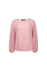 Light pink long sleeve blouse with gathered neckline and relaxed fit, front view