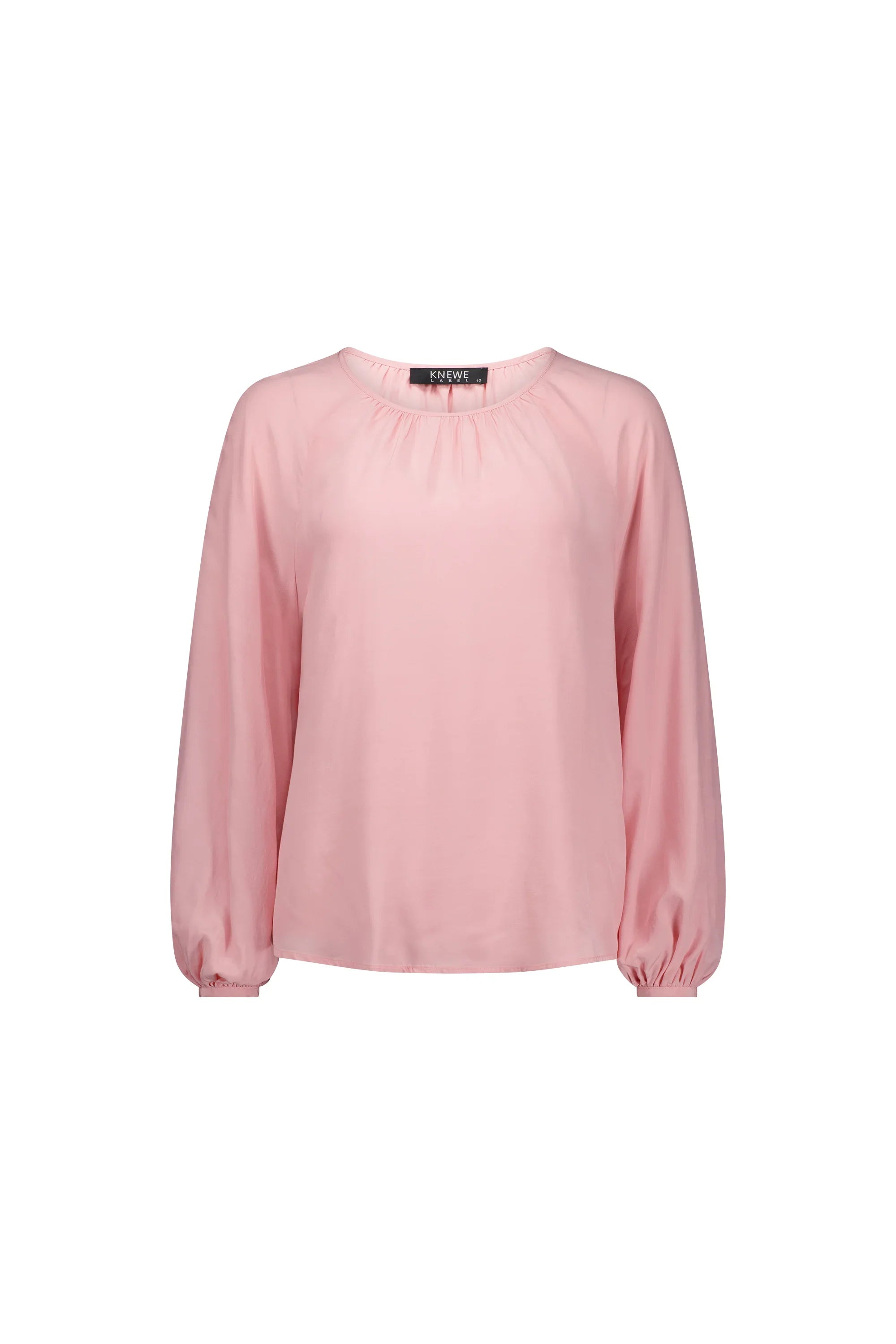 Light pink long sleeve blouse with gathered neckline and relaxed fit, front view