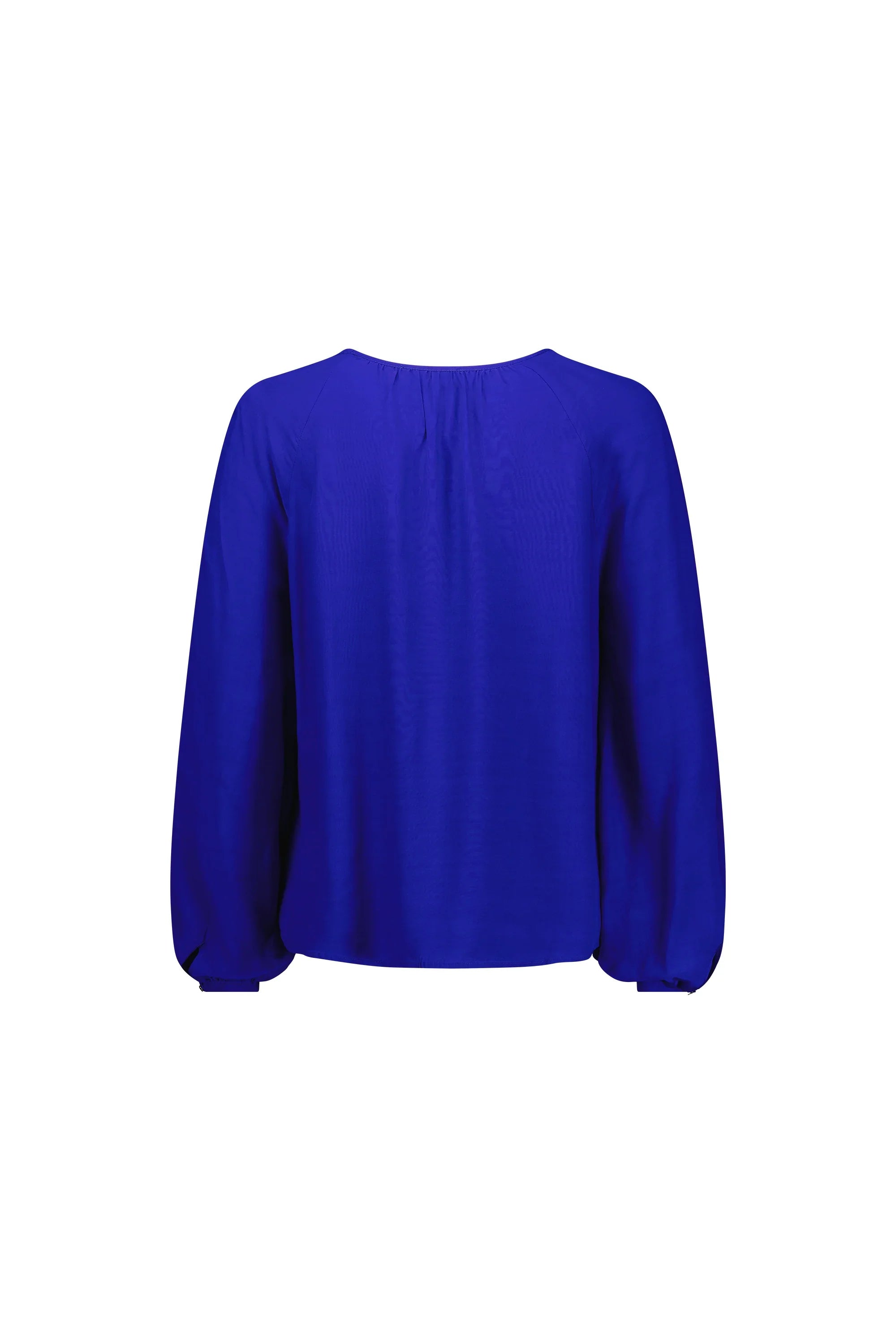 Back view of electric blue long sleeve women's top with relaxed fit and gathered neckline
