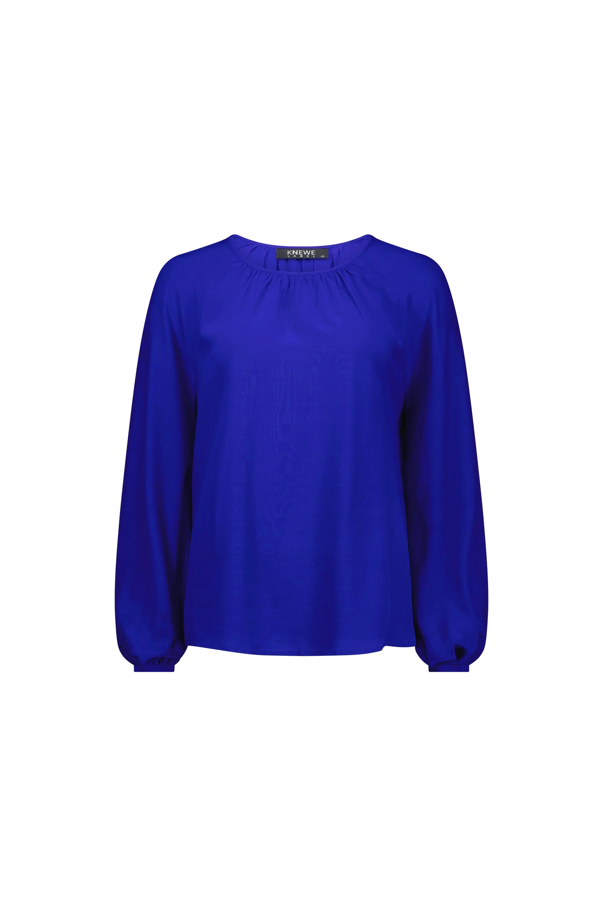 Electric blue long sleeve blouse with round neckline and gathered details on white background