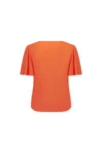 Back view of orange short-sleeve top with flutter sleeves on white background