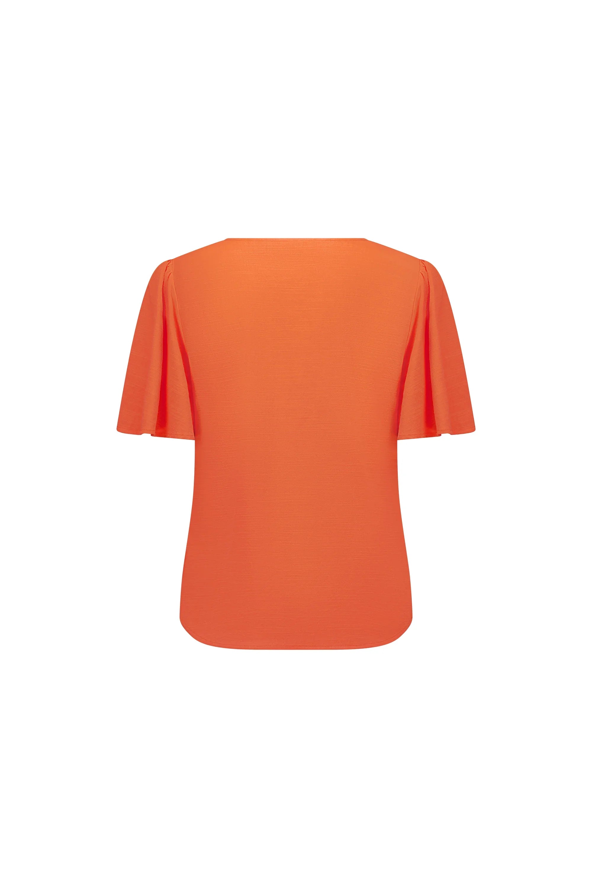 Back view of orange short-sleeve top with flutter sleeves on white background