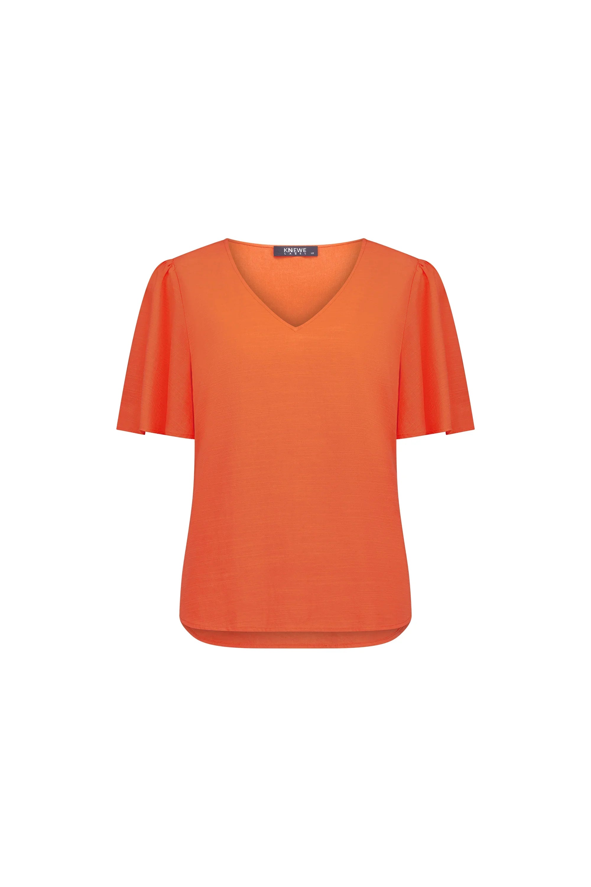 Women’s melon orange short sleeve top with V-neck and relaxed fit, contemporary fashion