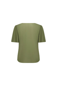Back view of olive green top with short flutter sleeves, contemporary women’s fashion