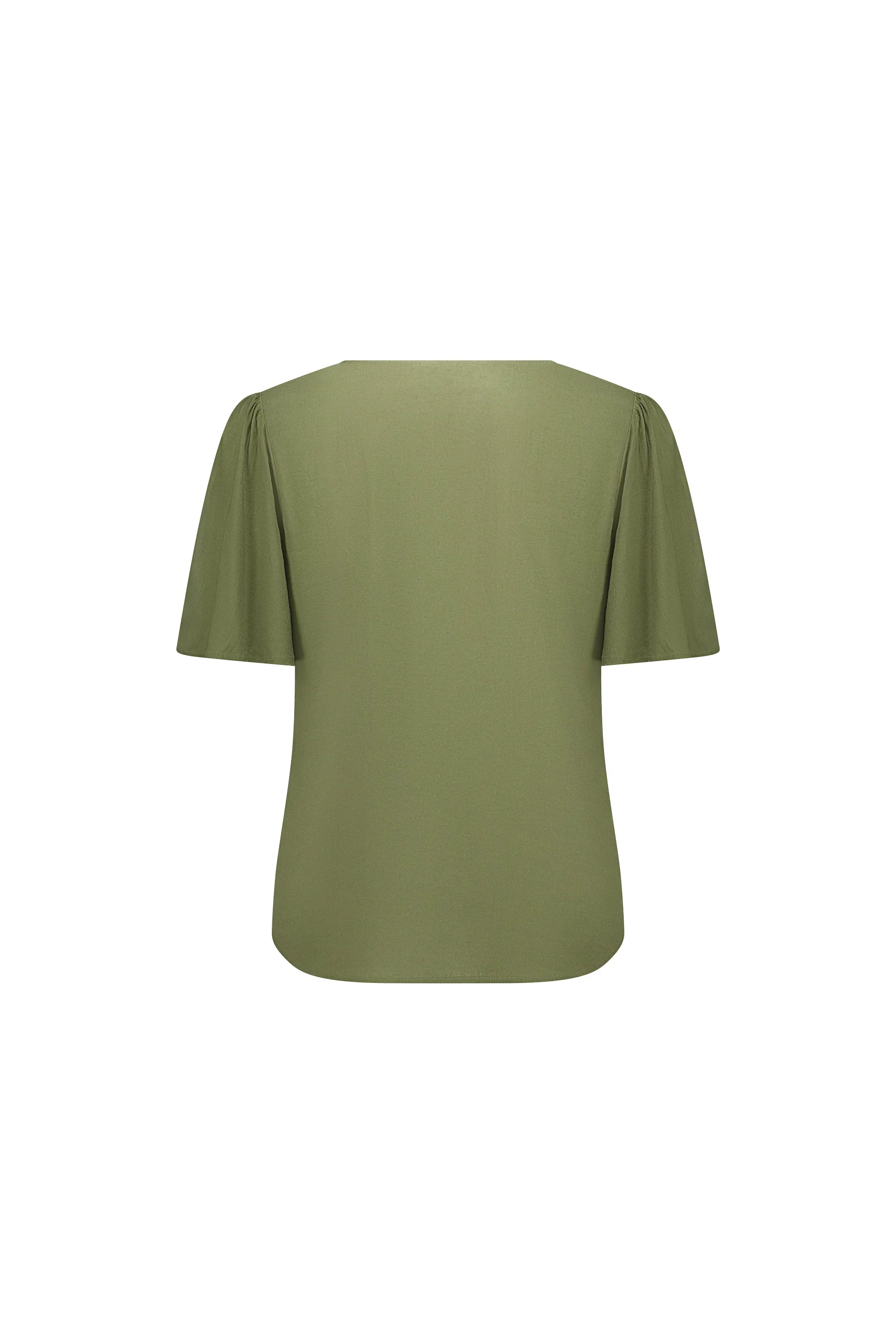 Back view of olive green top with short flutter sleeves, contemporary women’s fashion