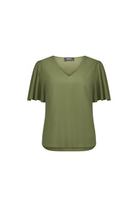 Olive green short sleeve blouse with flutter sleeves and V-neck, displayed on white background