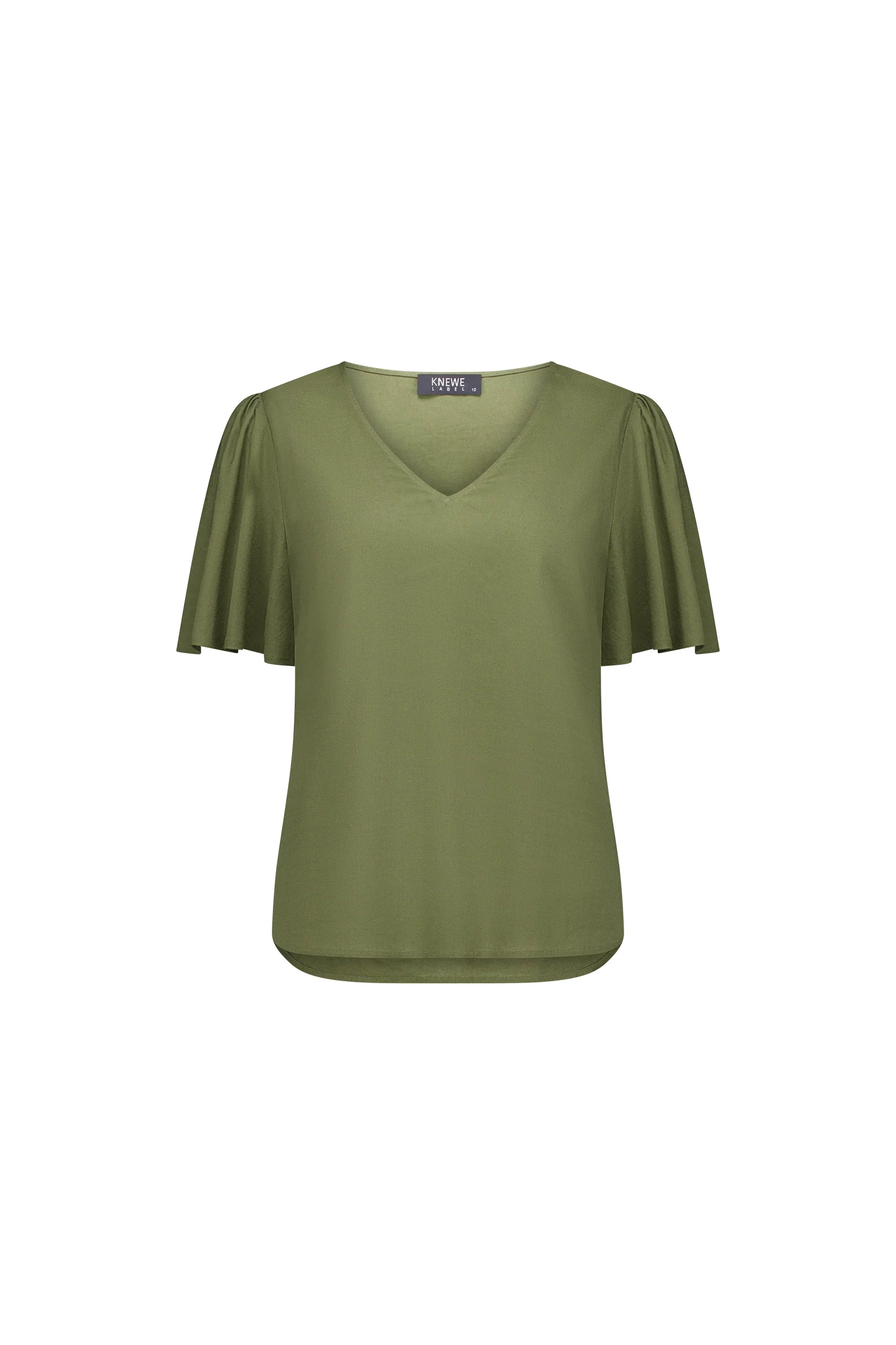Olive green short sleeve blouse with flutter sleeves and V-neck, displayed on white background