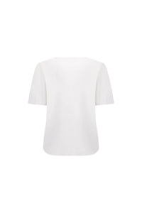 Back view of a plain white short sleeve women's top on a white background