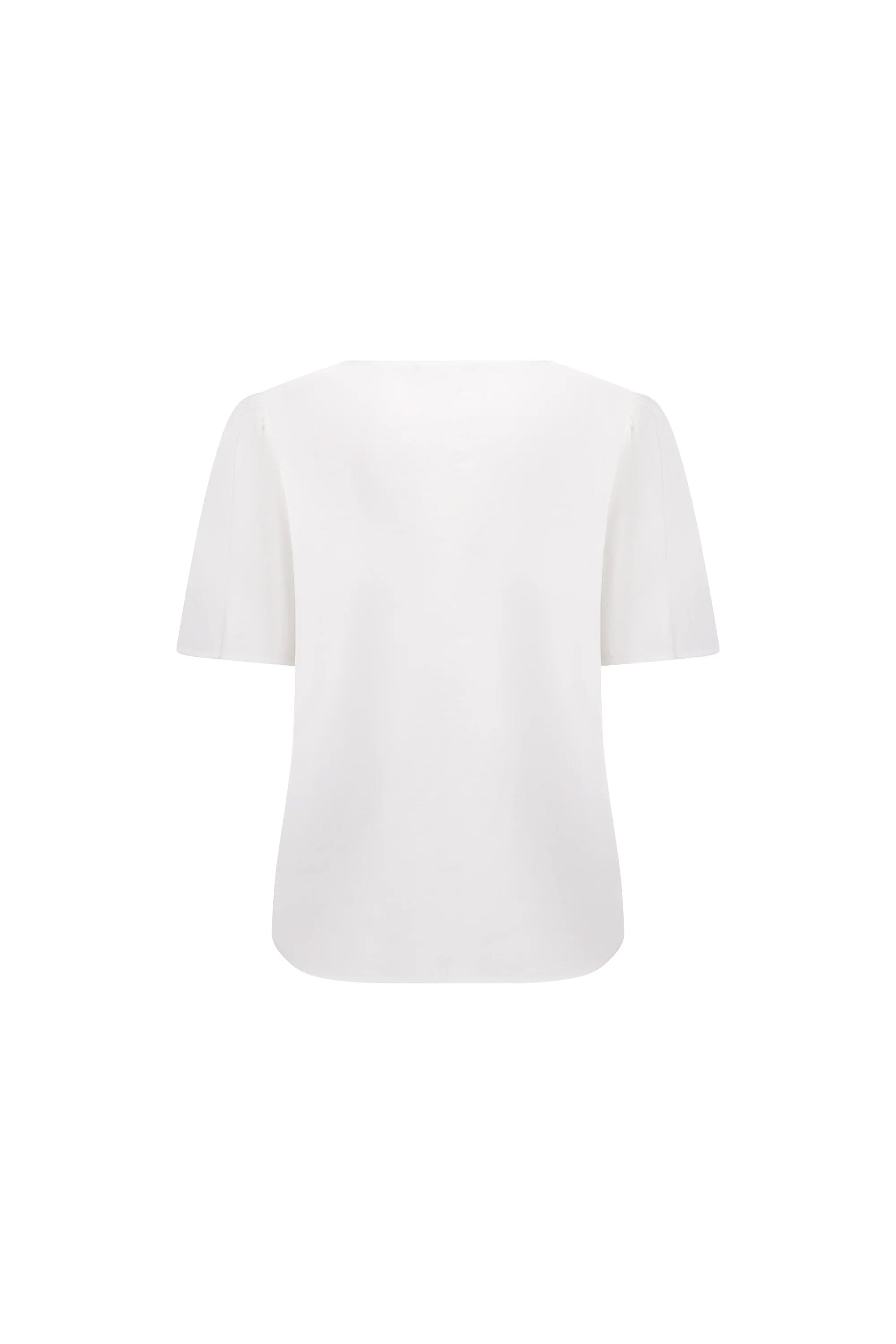 Back view of a plain white short sleeve women's top on a white background