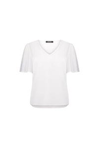 White short sleeve V-neck top with relaxed fit and flutter sleeves on plain background