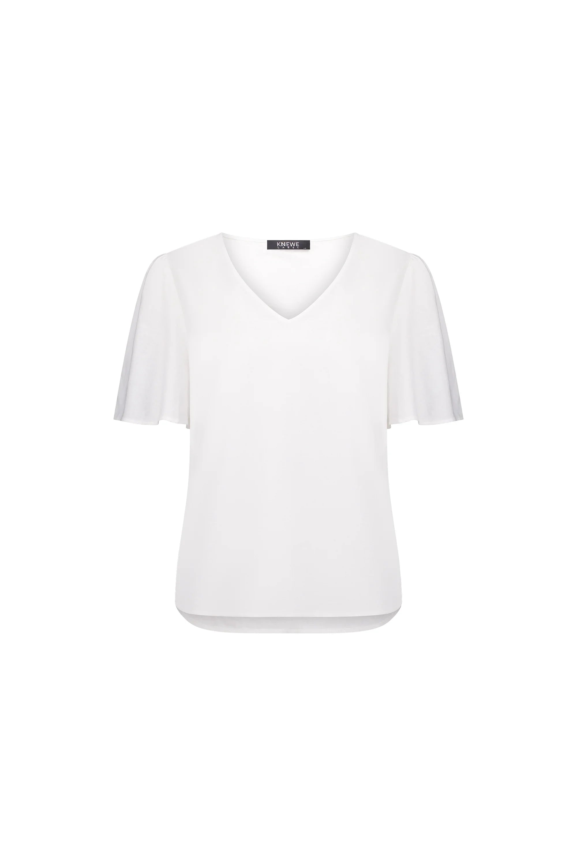 White short sleeve V-neck top with relaxed fit and flutter sleeves on plain background