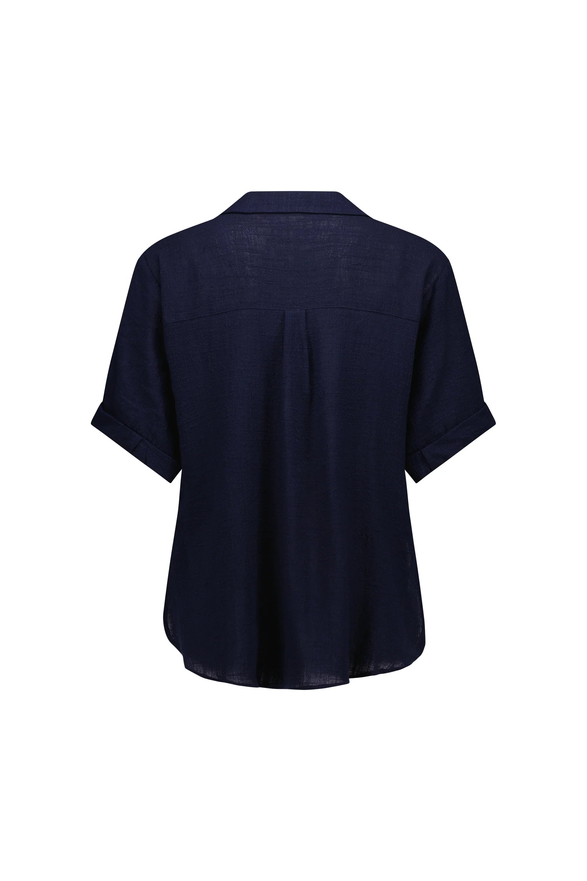Back view of a navy short sleeve shirt with cuffed sleeves and relaxed fit