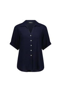 Navy short sleeve button-up shirt with collar and cuffed sleeves, front view